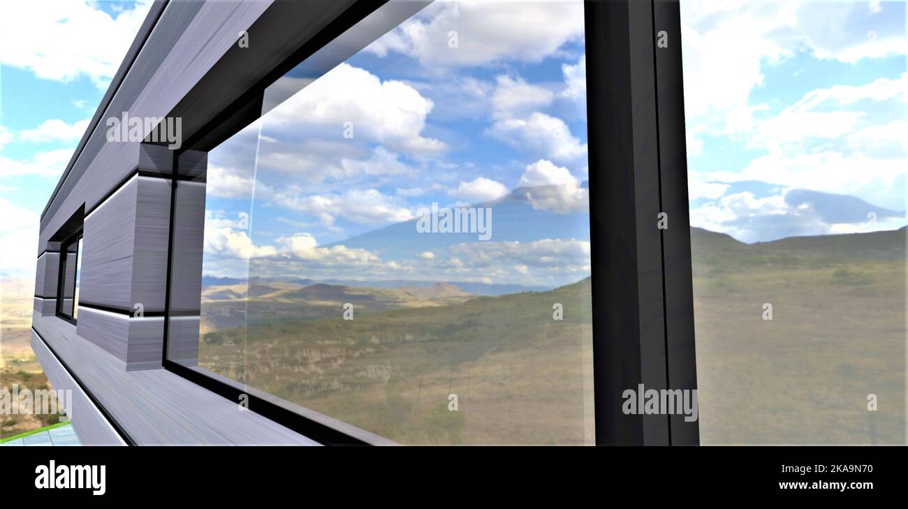 Eine elegante Wand mit einem futuristischen, energieeffizienten Material, basierend auf einem geheimen Verbundwerkstoff, der mit einem speziellen spalv bedeckt ist. Panorama-6-Kammer e Stockfoto