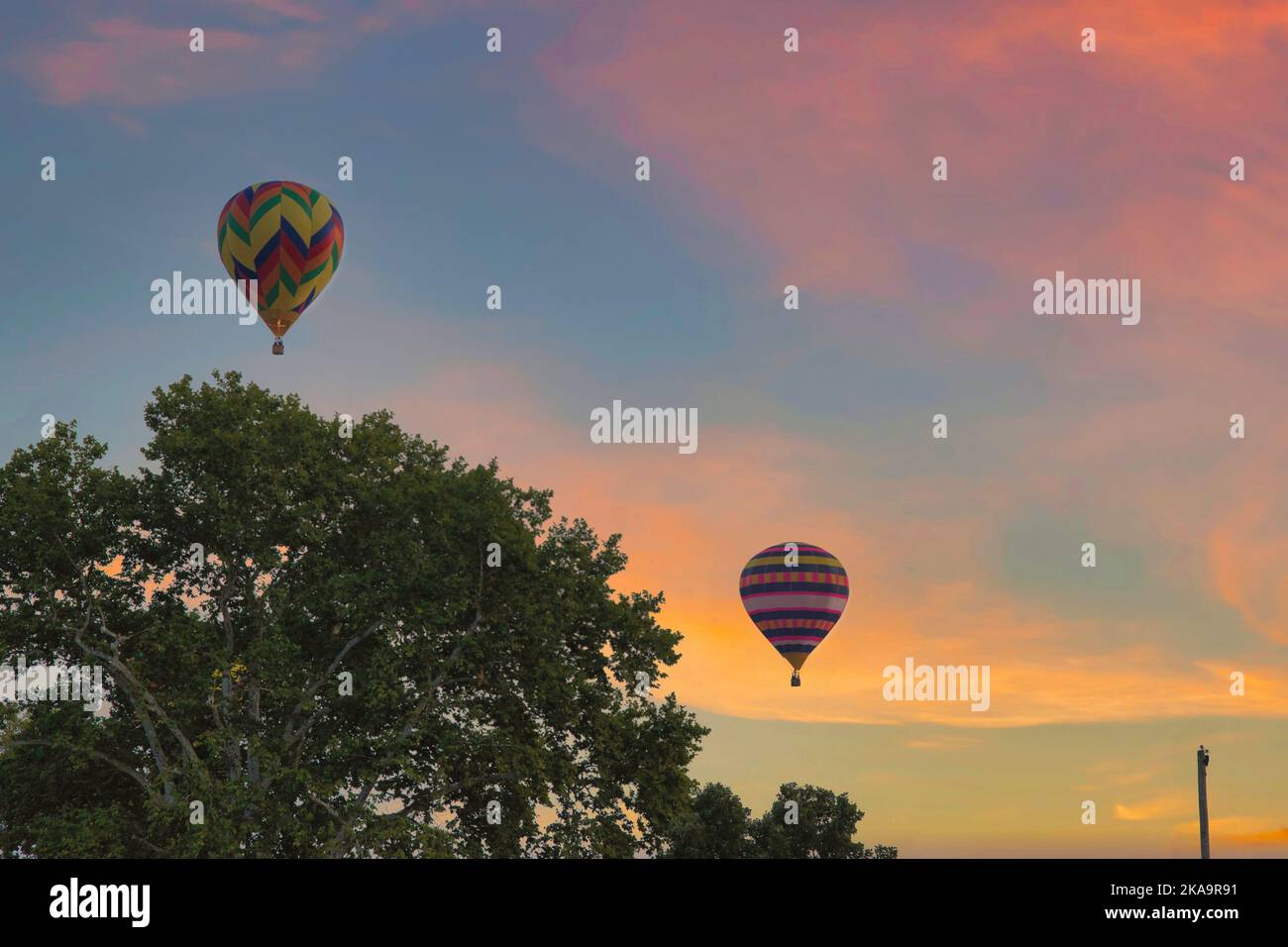 Morgenaufgang Start von Heißluftballons während eines Ballonfestivals am Sommertag Stockfoto