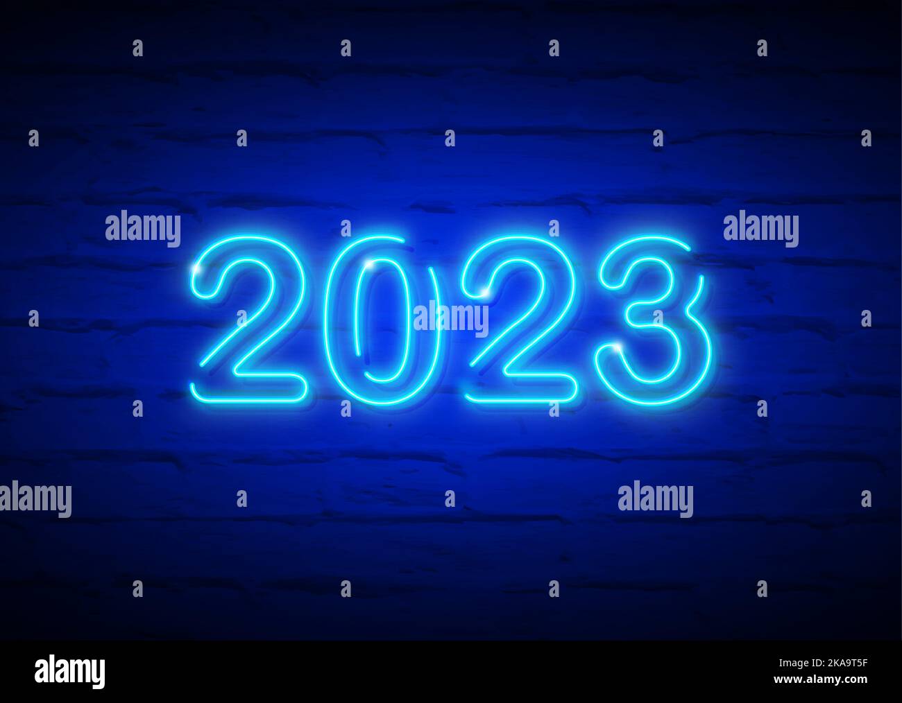 2023 Neujahr leuchtendes blaues Neon-Schild an einer Ziegelwand. Vektor-Illustration Happy New Year Neon realistische Zeichen Banner, Mode-Design Stock Vektor