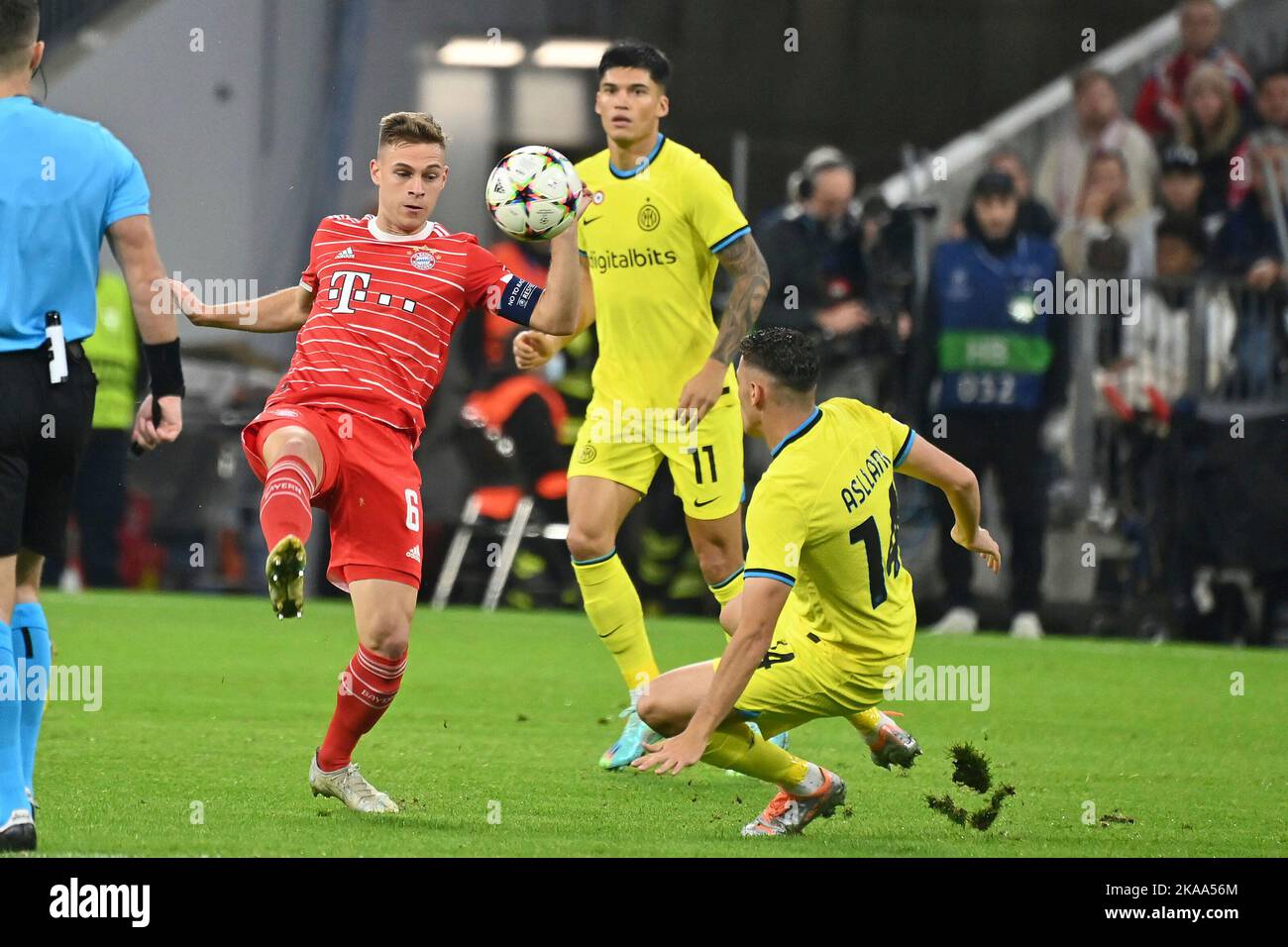 München, Deutschland. 01.. November 2022. Joshua KIMMICH (FC Bayern München) über den Ball, die Action, die Duelle . Fußball Champions League/FC Bayern München-Inter Mailand Gruppenphase, Spieltag 6. am 1.. November 2022, ALLIANZAREN A. ? Kredit: dpa/Alamy Live Nachrichten Stockfoto