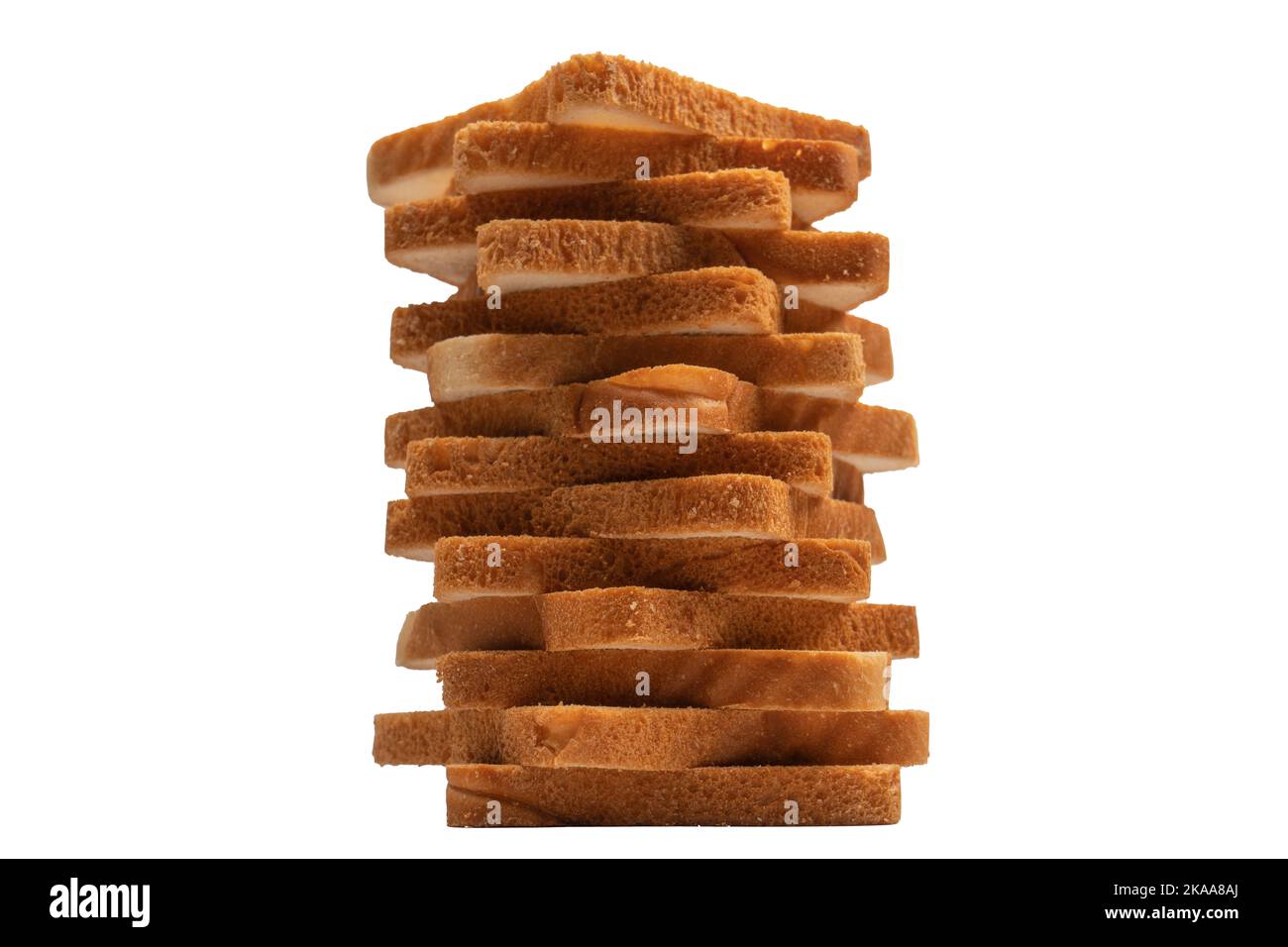 Köstliche Brotscheiben isoliert auf weißem Hintergrund, Draufsicht. Stockfoto