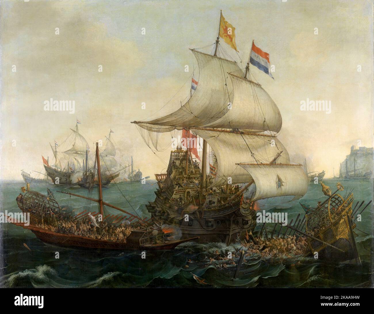 Holländische Schiffe rammten spanische Galeeren vor der flämischen Küste im Oktober 1602, 1617, Gemälde von Hendrick Cornelisz Vroom Stockfoto