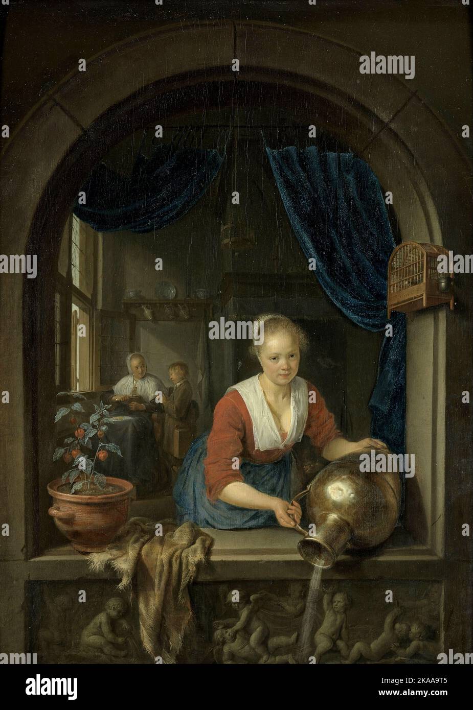 Dienstmädchen am Fenster, 1660, Gemälde von Gerrit Dou Stockfoto