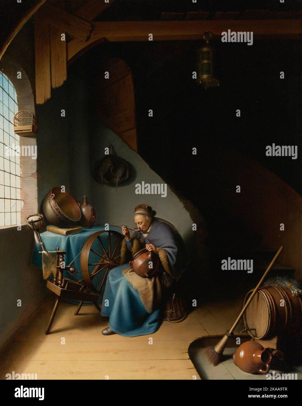 Frau, die Haferbrei isst, um 1632–1637, Gemälde von Gerrit Dou Stockfoto