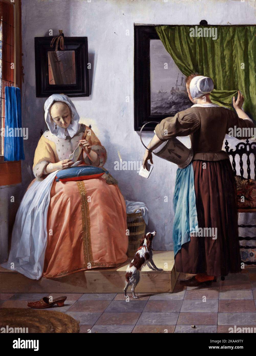 Der Anhänger Frau beim Lesen eines Briefes, (1665) Gemälde von Gabriel Metsu Stockfoto