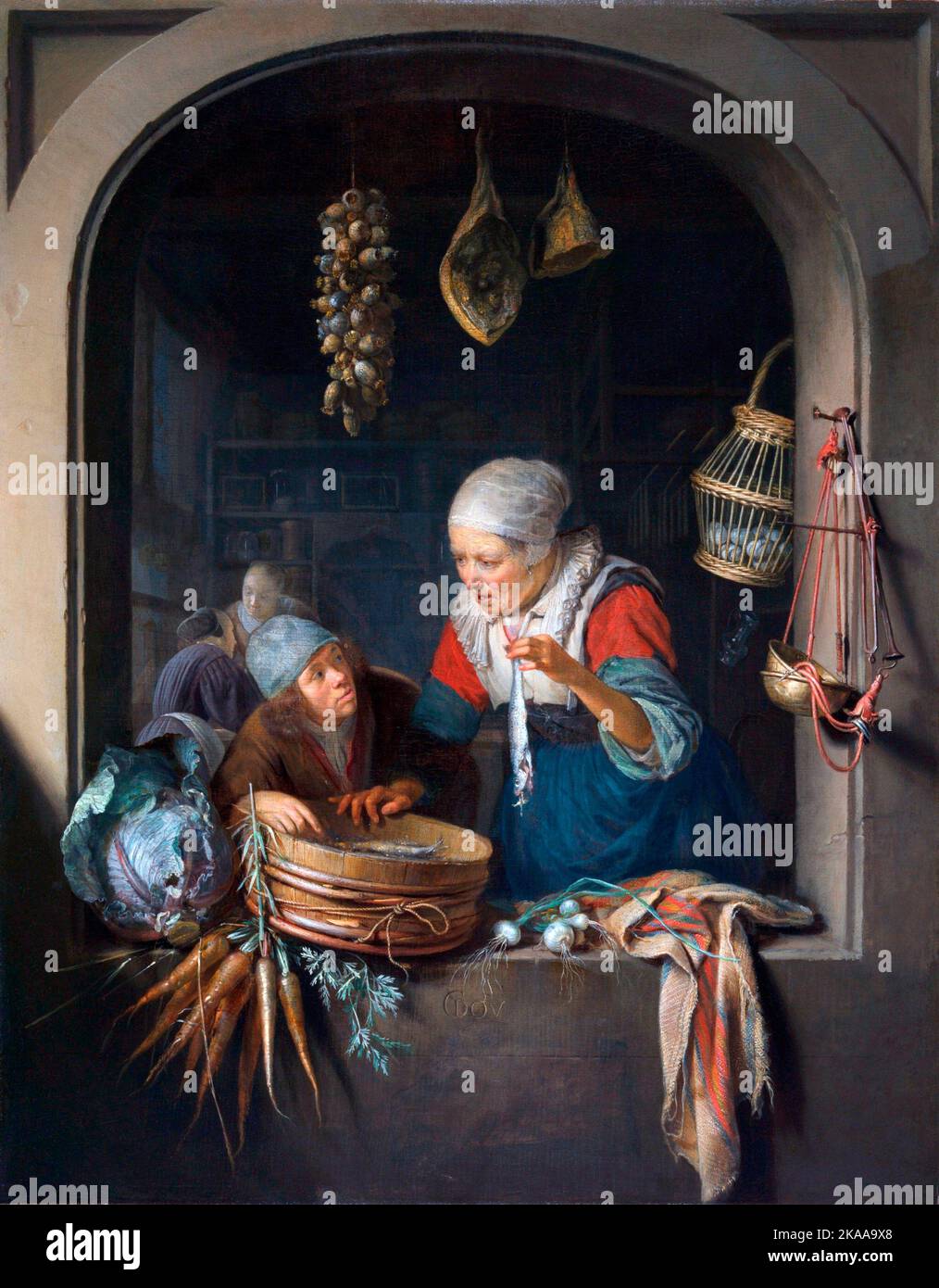 Hering Seller and Boy, Haringverkoopster met jongen, 1664, Gemälde von Gerrit Dou Stockfoto