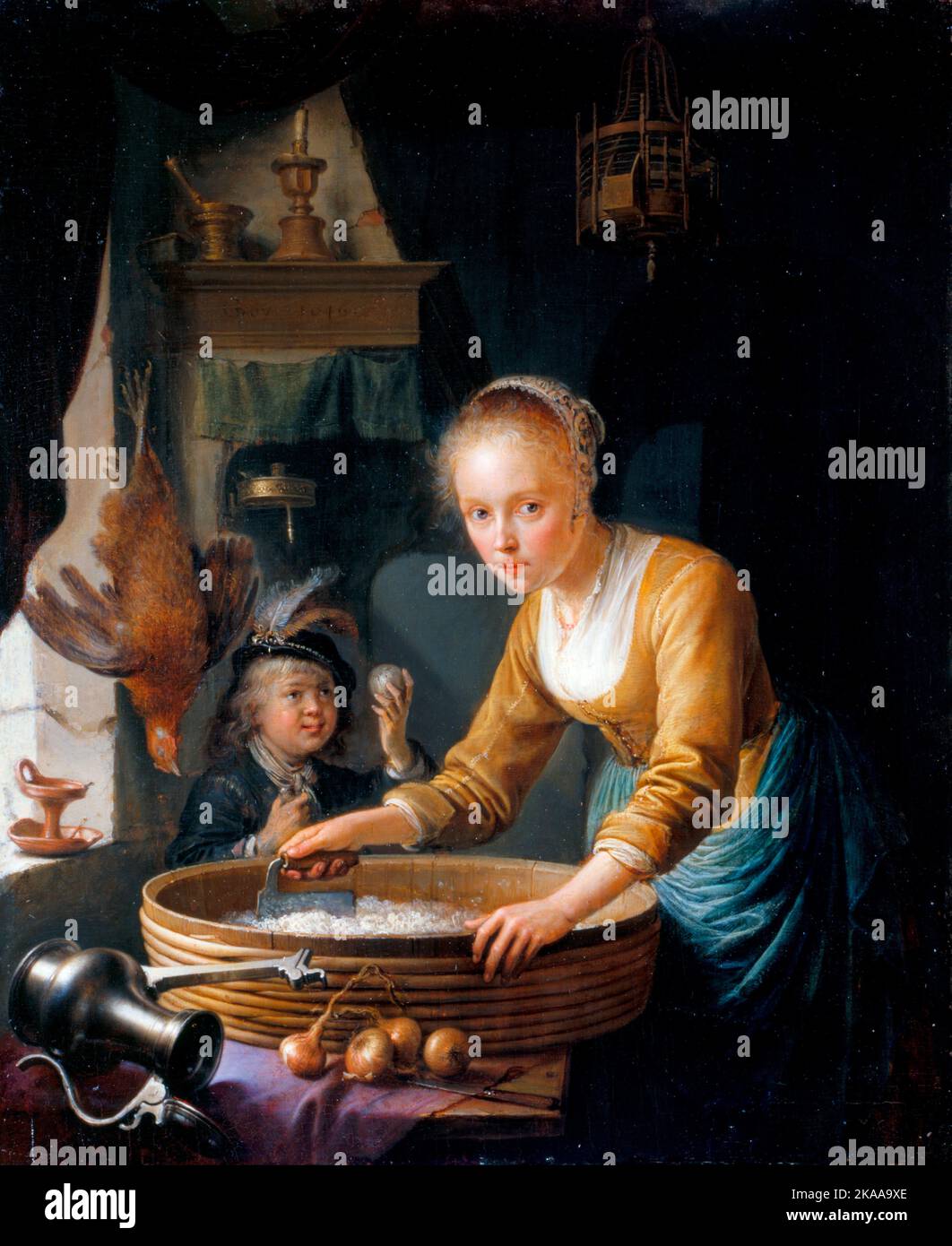 Mädchen hackt Zwiebeln, 1646, Gemälde von Gerrit Dou Stockfoto