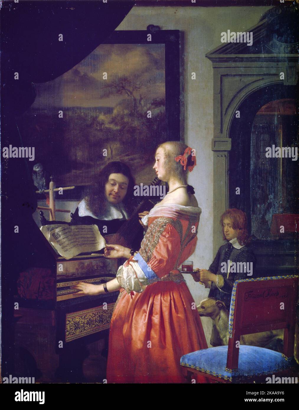 Frau auf einem Cembalo von Frans van Mieris sr. (1658) Gemälde von Frans van Mieris dem Älteren Stockfoto