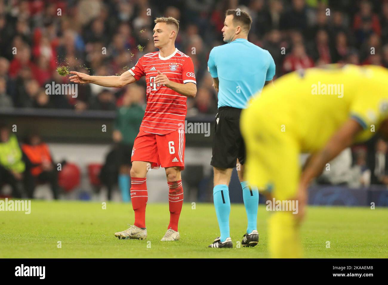 München, Deutschland. 01. Nov, 2022. firo: 1.. November 2022, Fußball, Fußball, Champions League, Saison 2022/2023, 6. Gruppenspiel FC Bayern München - Inter Mailand Joshua Kimmich, FC Bayern München, Bayern, München, FCB, Ganze Figur, Witz, Humor, Geste, wirft Gras Kredit: dpa/Alamy Live News Stockfoto