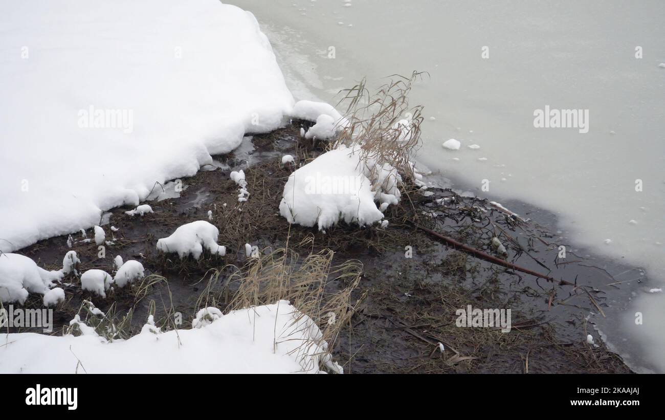 Nicht-gefrierende Wasserquelle - ein Nebenfluss des Flusses in einer Nahaufnahme. Verschneite Winterlandschaft am gefrorenen Flussufer mit Schnee am Ufer. Stockfoto