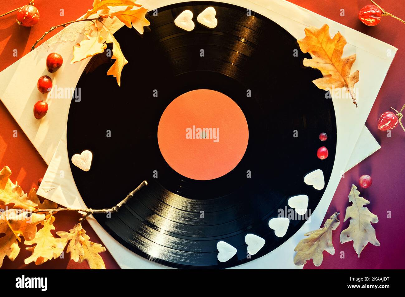 Vintage Vinyl Schallplatten in Papierärmel auf schwarzem Hintergrund und Papierärmel. Gelbe Eichenblätter auf orangefarbenem, magentafarbenem Papierhintergrund mit Herbstfärbung Stockfoto
