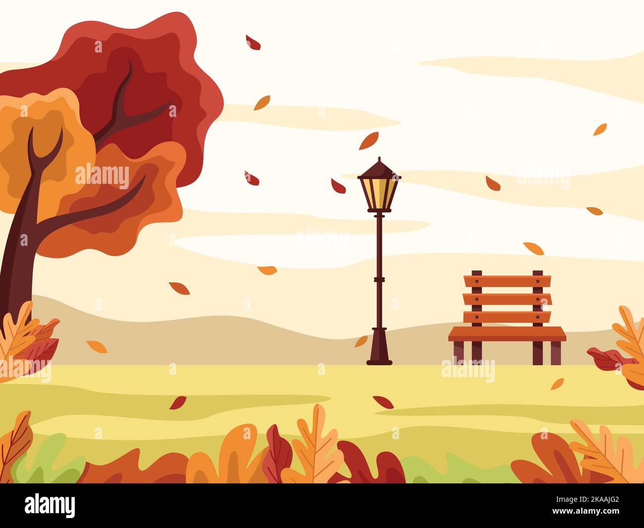 Flache Design-Illustration eines Herbstparks mit Bank und Laterne - Autumn Hygge Flat Vector Design Illustration Stock Vektor