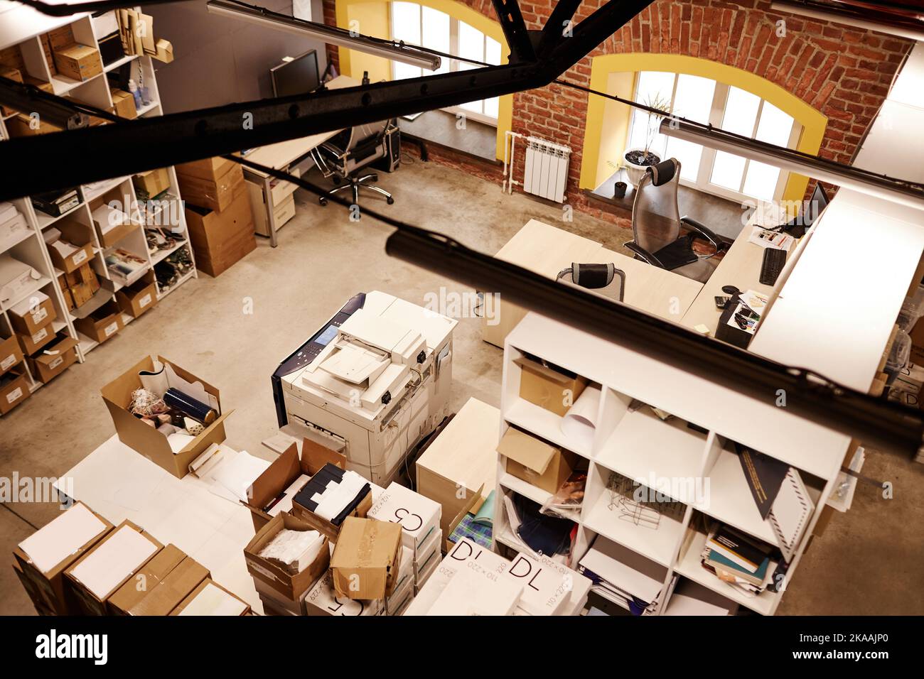 Draufsicht Hintergrundbild der Druckerei Werkstatt, Kopierraum Stockfoto