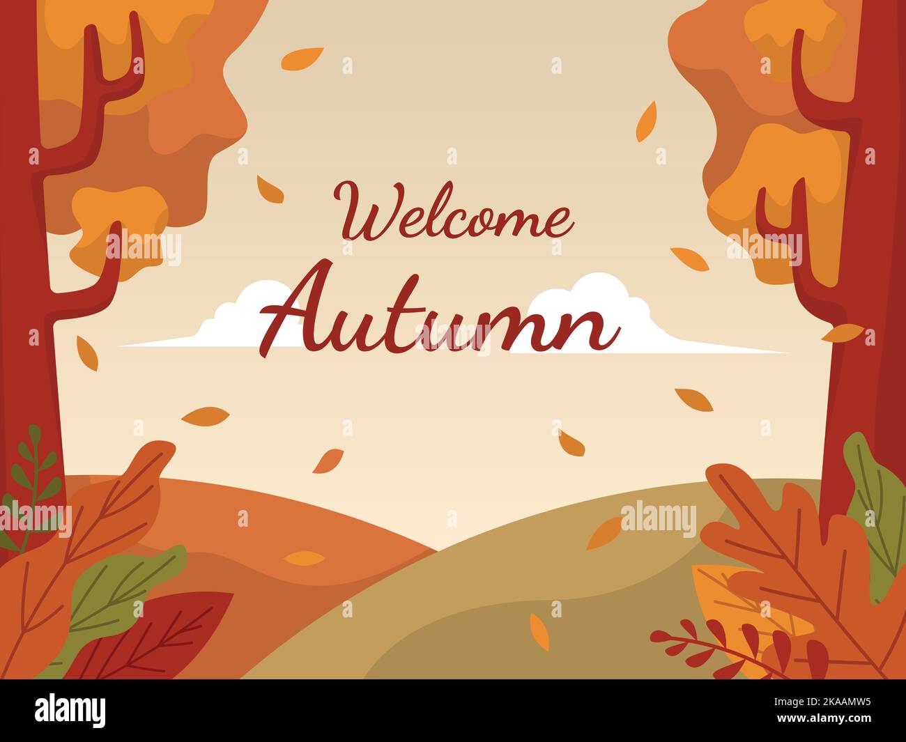 Flache Design-Illustration des Parks zur Begrüßung der Herbstfeier - Hygge flache Design-Vektor-Illustration. Stock Vektor