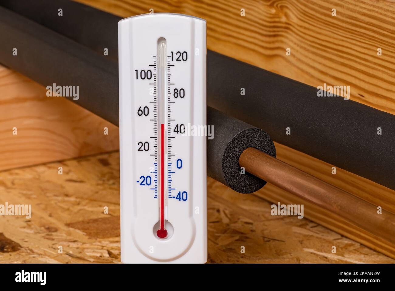 Wasserleitung mit Isolierung und Thermometer im Haus. Sanitär Frostschutz, Energieeinsparung und Hausreparatur Konzept Stockfoto