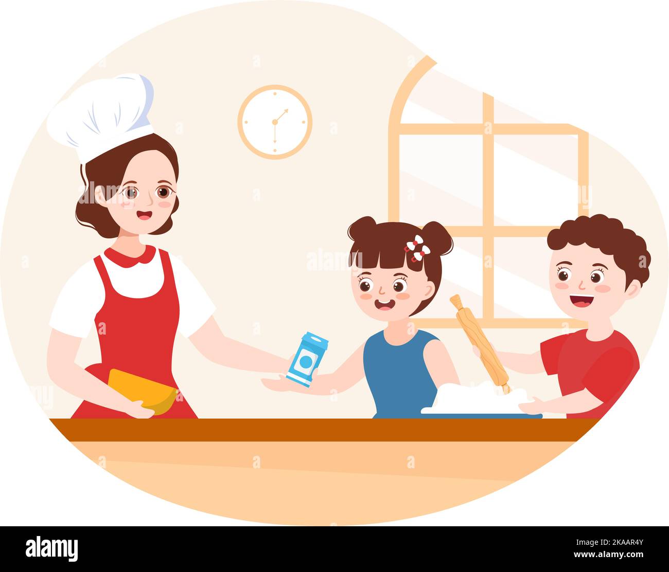 Kochschule mit Kindern und Lehrer in einer Klasse lernen, Köche zu lernen hausgemachte Speisen auf flachen Cartoon Handgezeichnete Vorlagen Illustration Stock Vektor