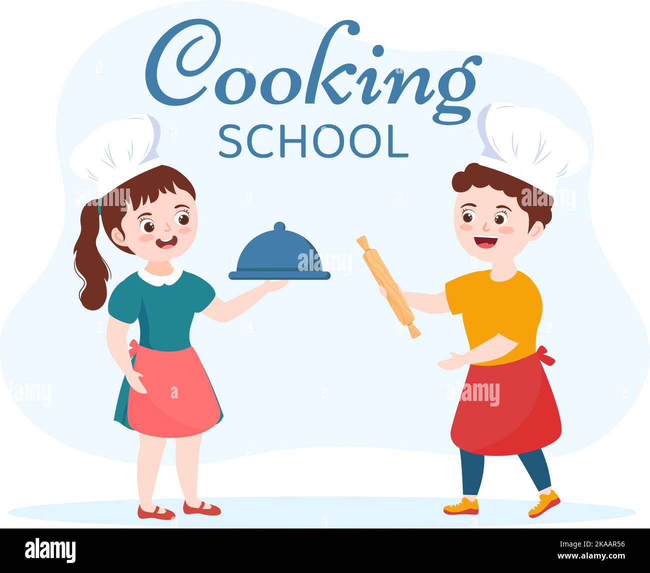 Kochschule mit Kindern und Lehrer in einer Klasse lernen, Köche zu lernen hausgemachte Speisen auf flachen Cartoon Handgezeichnete Vorlagen Illustration Stock Vektor