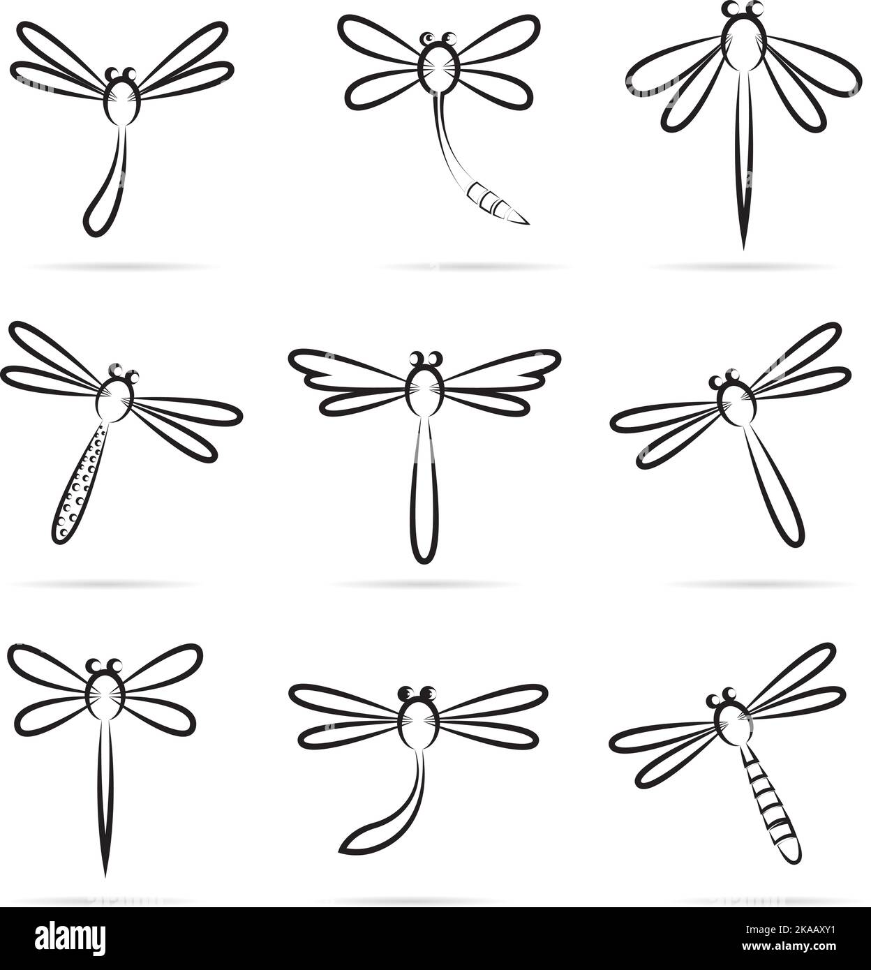 Satz von Vektor-Libellen-Symbolen auf weißem Hintergrund. Leicht editierbare Vektorgrafik mit Ebenen. Wilde Tiere. Stock Vektor