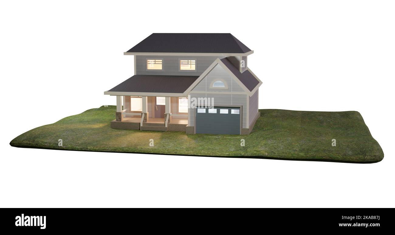 3D Modell einer 2-stöckigen Hütte auf transparentem Hintergrund. Alpha-Kanal. Stockfoto