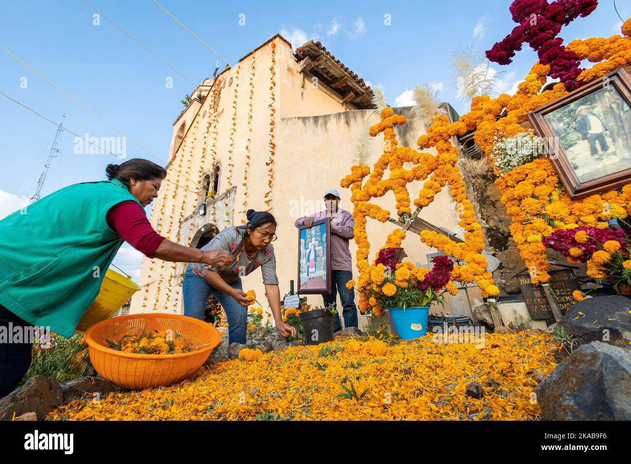 Morelia, Mexiko, 1. November 2022, Eine Familie schmückt ein Grab mit Ringelblumenblättern während der Totenfeier auf dem Friedhof von Arocutin, Michoacan, Mexiko. Die indigenen Purepecha dieses Dorfes bereiten dieses jährliche Ritual des Gedenkens vor, indem sie Altäre mit Ringelblumen, Kerzen und dem Lieblingsessen oder Getränk der Verstorbenen bauen. Die Mahnwache findet in der Nacht des 1.. November statt und hat sich zu einer wichtigen Touristenattraktion im zentralmexikanischen Bundesstaat Michoacan entwickelt. Brian Overcast/Alamy Live News Stockfoto
