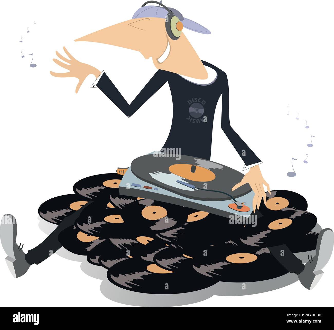 Cartoon lustige DJ auf dem großen Stapel von Vinyl-Schallplatten Illustration. Mann mit Plattenspieler und Kopfhörer sitzt auf dem großen Stapel lang spielender Platten Stock Vektor