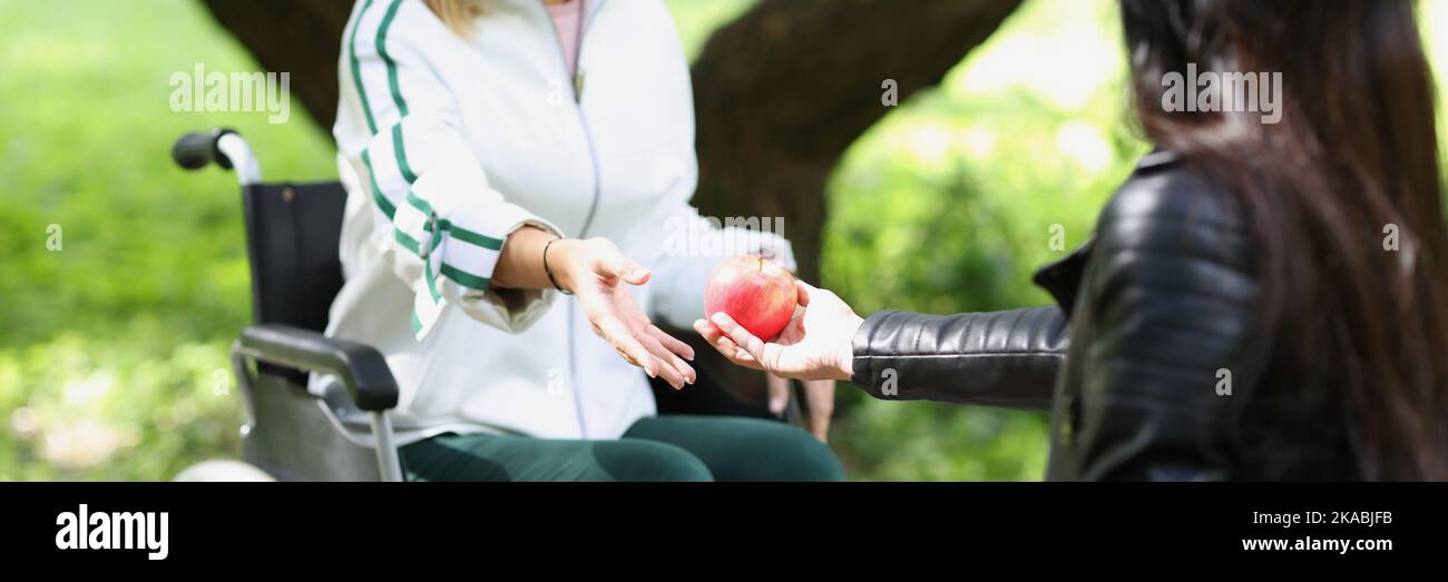 Frau übergibt Apfel an Frau im Rollstuhl im Park Stockfoto