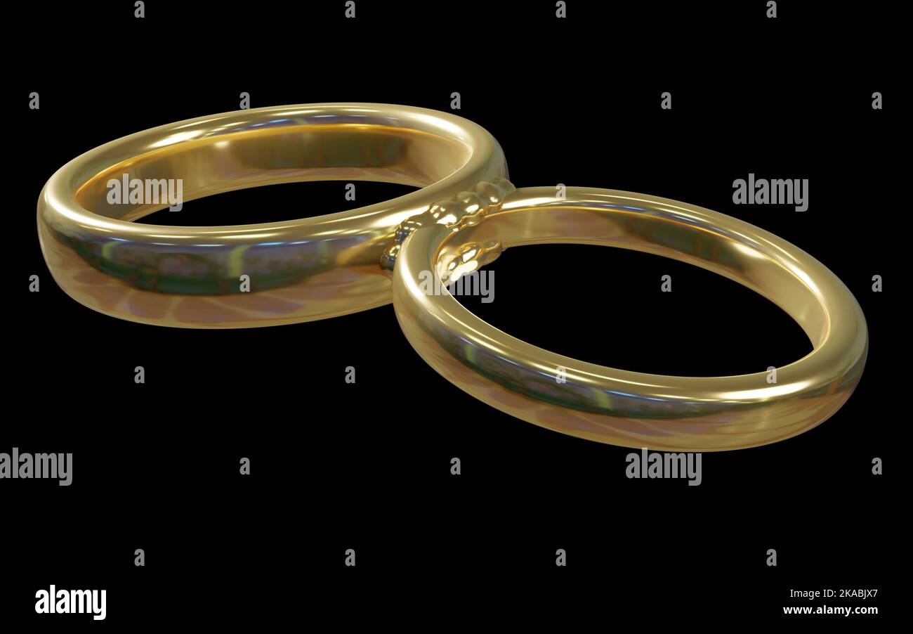 Goldene Eheringe, zusammengeschweißt, um die Untrennbarkeit des Paares zu symbolisieren. 3D generiert Stockfoto