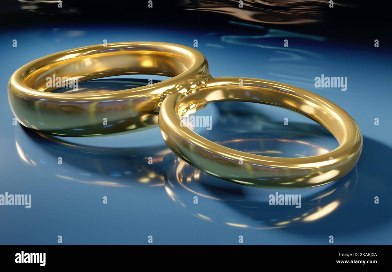 Goldene Eheringe, zusammengeschweißt, um die Untrennbarkeit des Paares zu symbolisieren. 3D generiert Stockfoto