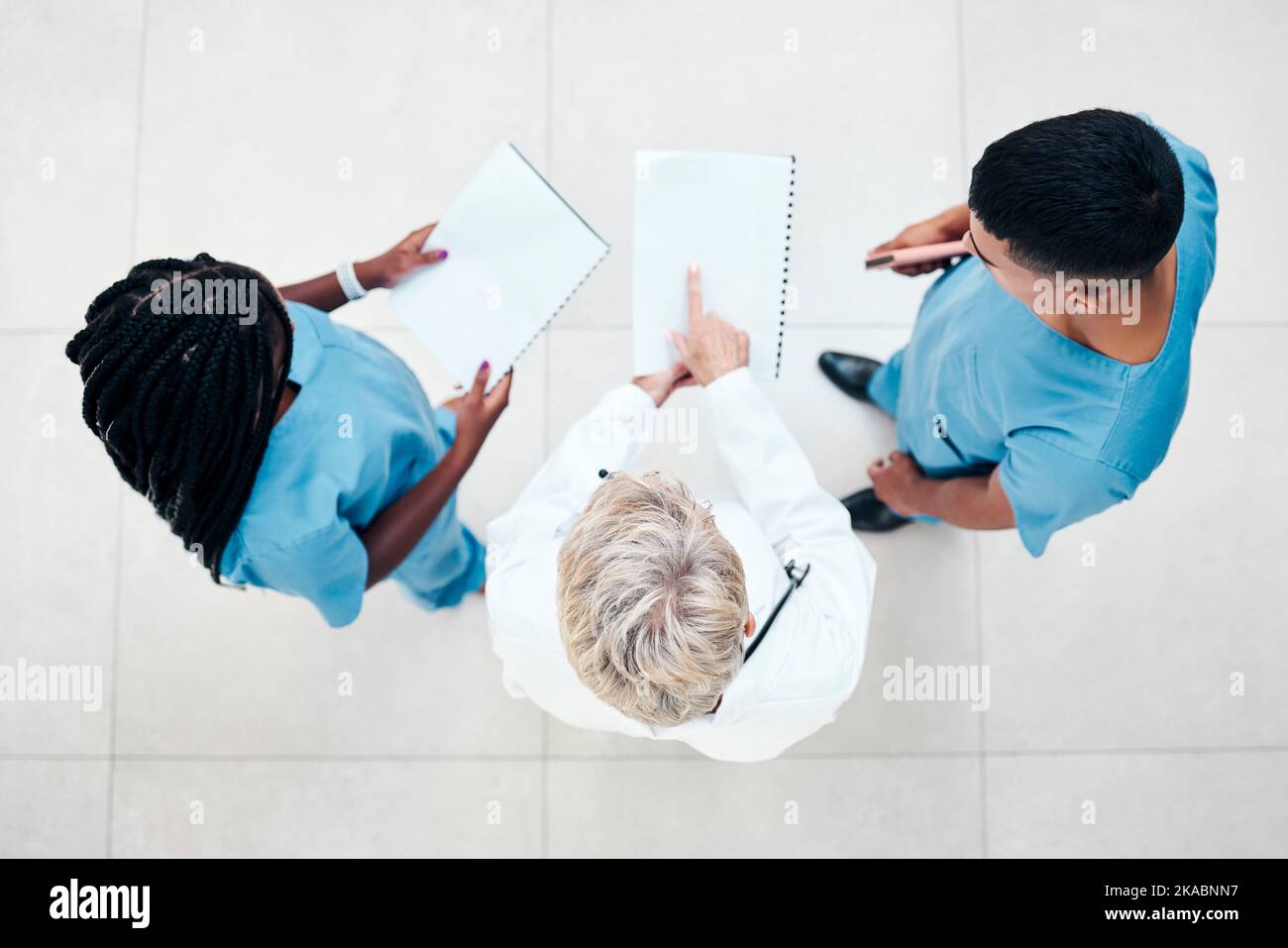 Draufsicht, Arzt und Krankenschwestern mit Patientenergebnissen, Diagnose und Behandlungsplanung zusammen im Krankenhaus. Gesundheit, medizinische Fachkräfte und Diskussion Stockfoto