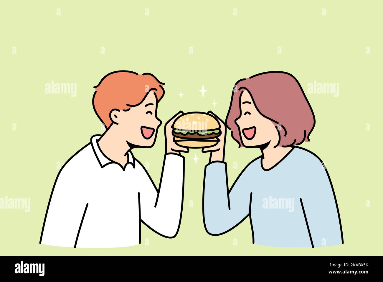 Lächelndes Paar, das zusammen leckere Hamburger isst. Glückliche Männer und Frauen genießen leckere Burger. Fast Food und Restaurantkette. Vektorgrafik. Stock Vektor