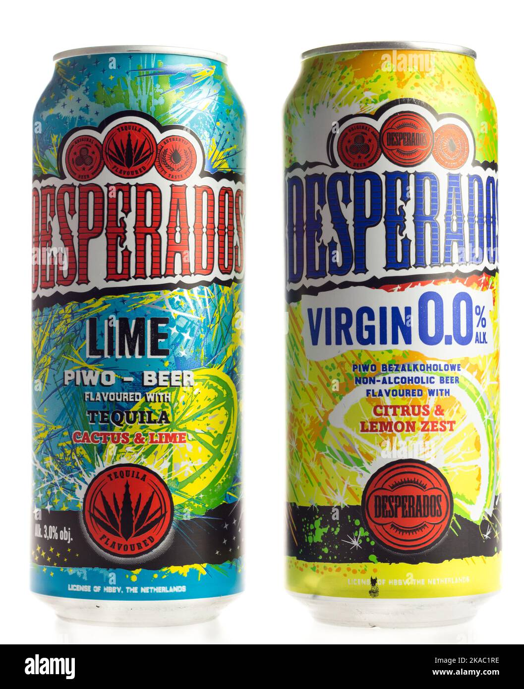 Dosen von Desperados Limette und Virgin Bieren isoliert auf weißem Hintergrund Stockfoto