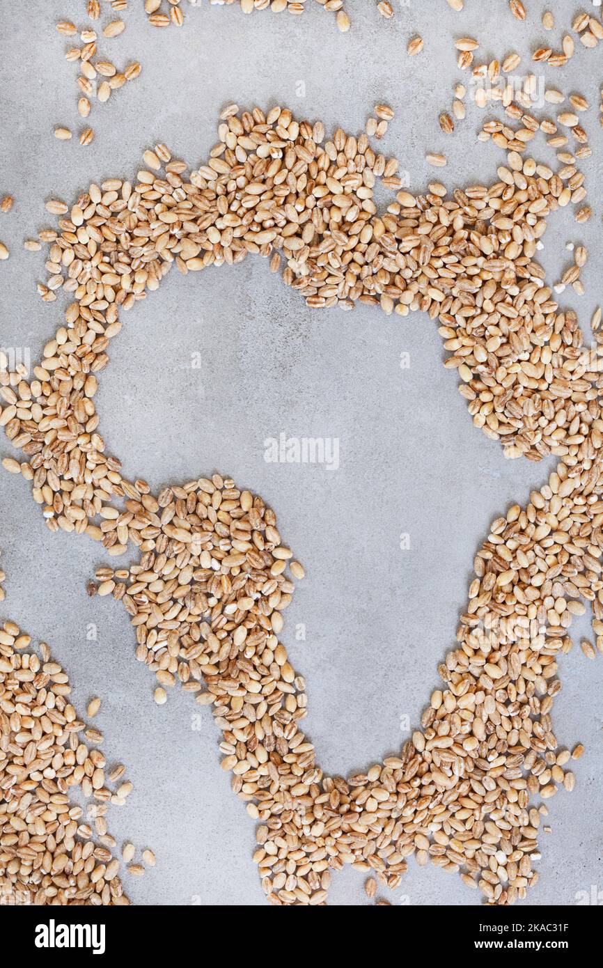Globale Ernährungs- und Getreidekrise, afrikanischer Kontinent in Getreide auf einer melierten grauen Oberfläche geformt Stockfoto