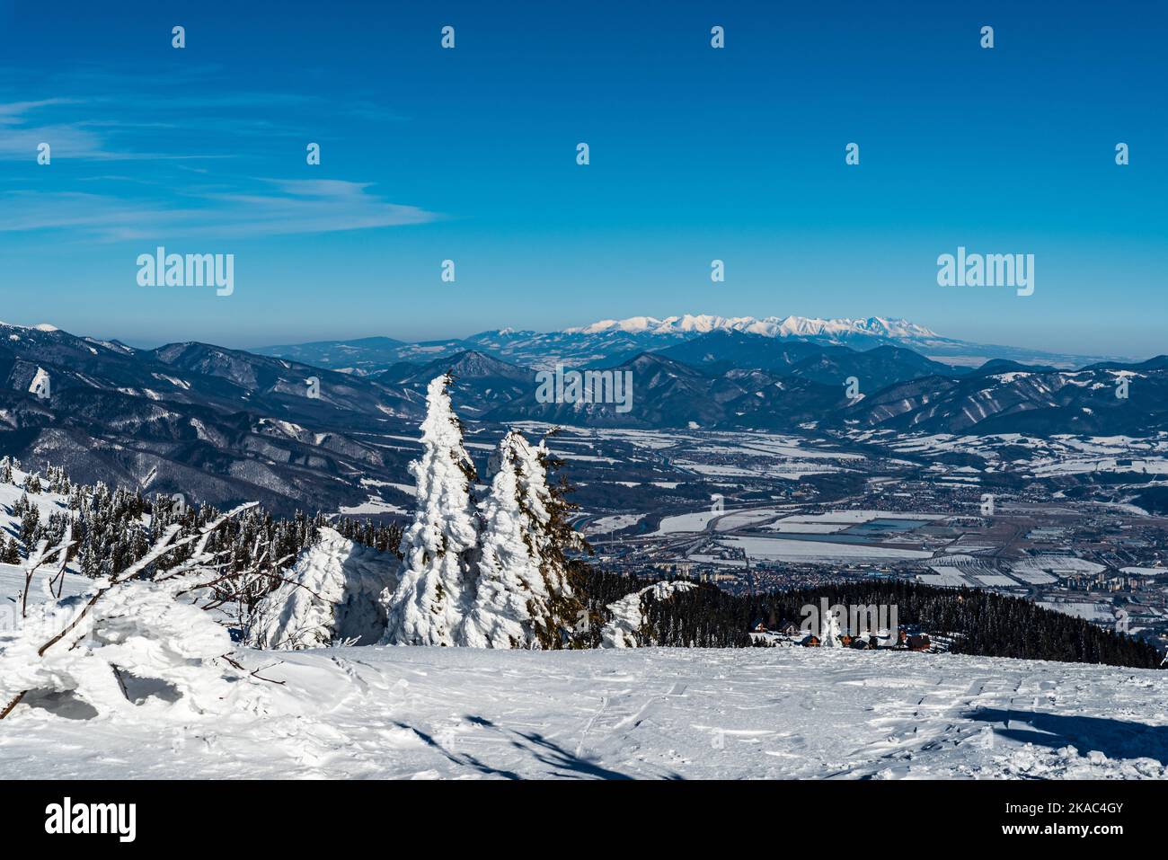 Blick auf die Velka Fatra und Tatra vom Martinske Loch im Winter Mala Fatra Berge in der Slowakei Stockfoto