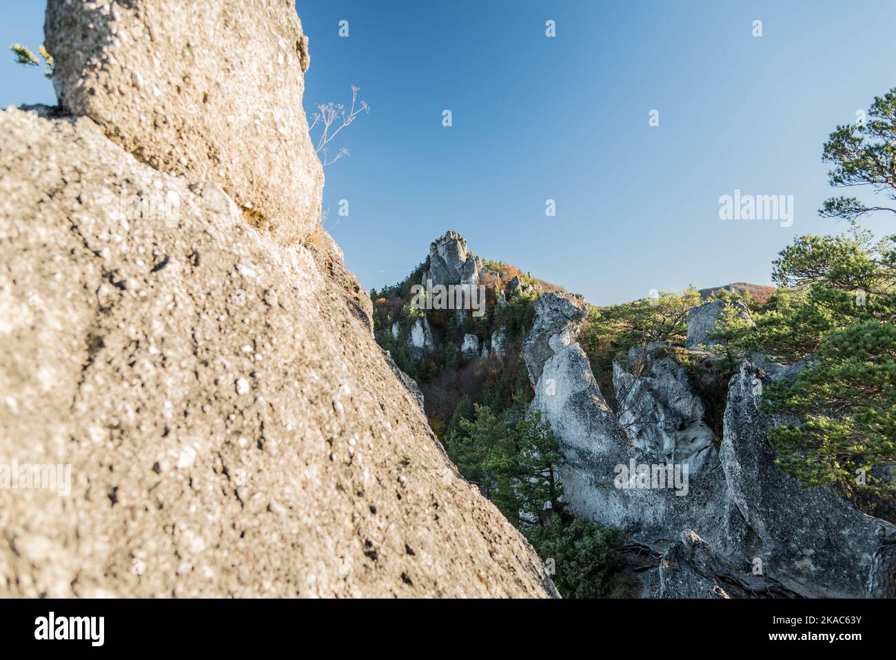 Autikum Sulovske skaly mit Sandsteinfelsen und bunten Wald vom Wanderweg über Goticka brana in der Slowakei Stockfoto