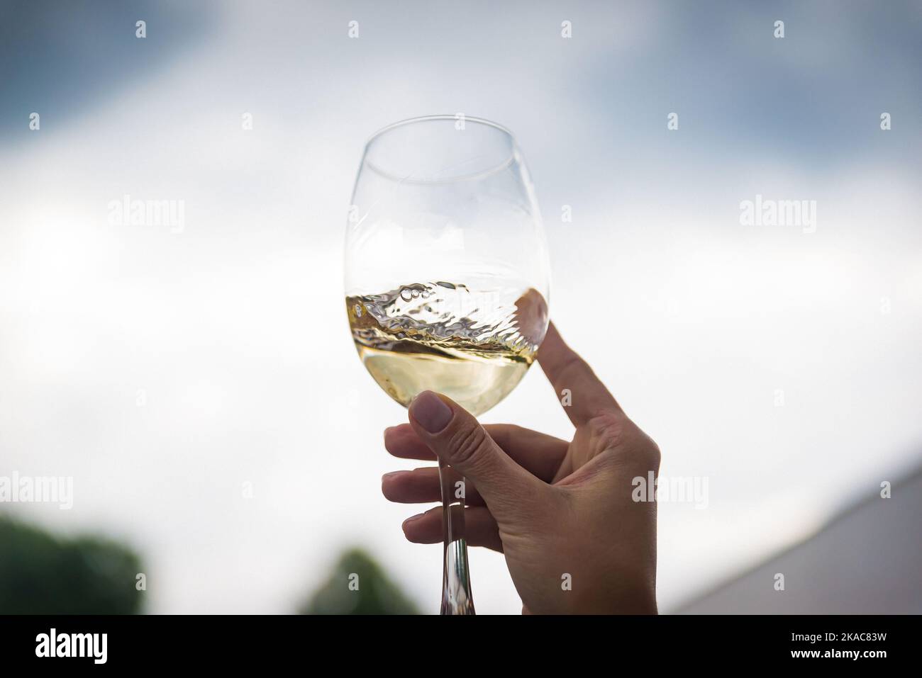 Menschen klirren Gläser mit Wein auf der Sommerterrasse des Cafés oder Restaurants, Glasflasche in den Händen verschiedenen Hintergründen Stockfoto