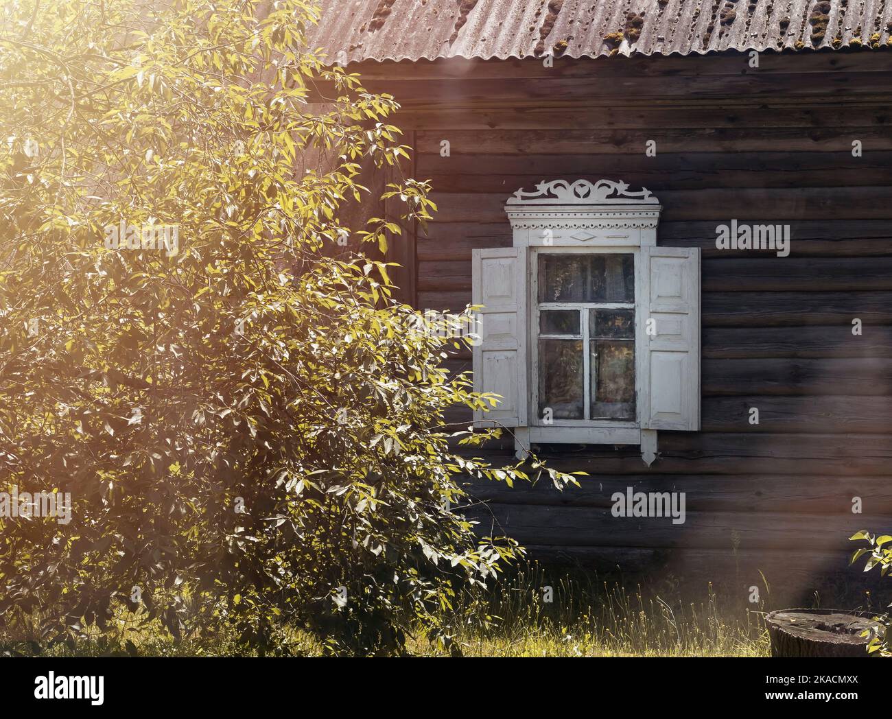 Retro rustikales Fenster mit Fensterläden über der Blockwand des alten Dorfhauses im Sommer. Stockfoto