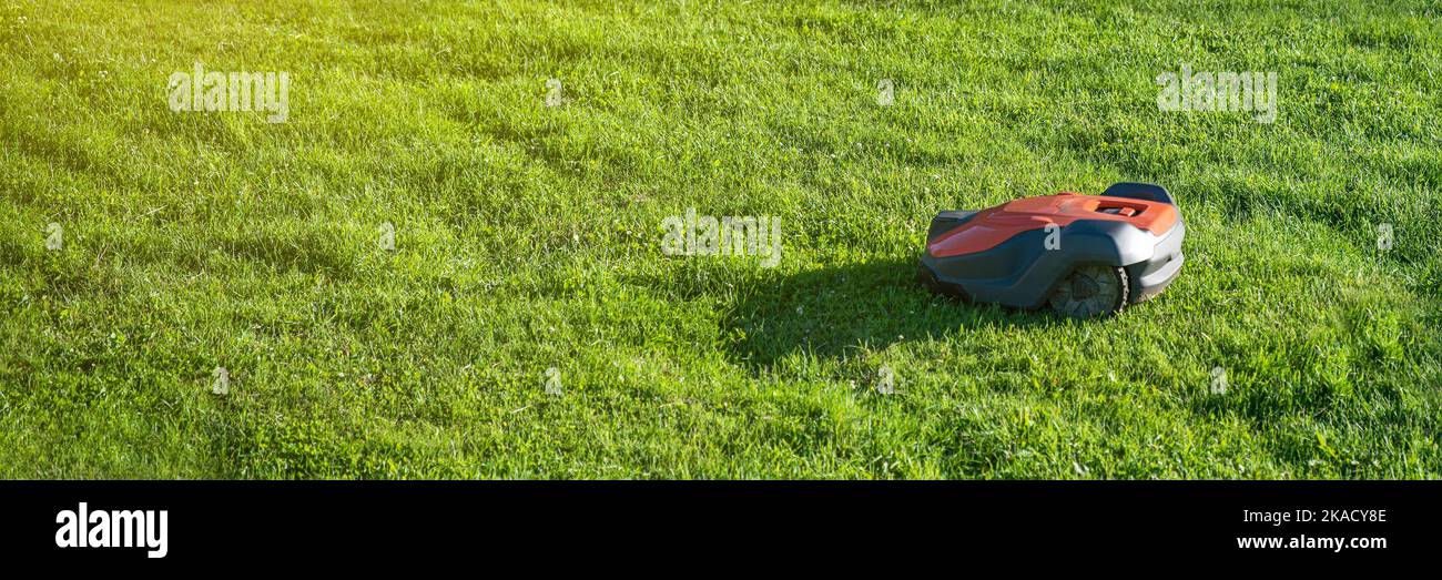 Mähroboter. Ein Rasenmäher mäht das Gras in einem Stadtpark bei Sonnenuntergang. Stockfoto