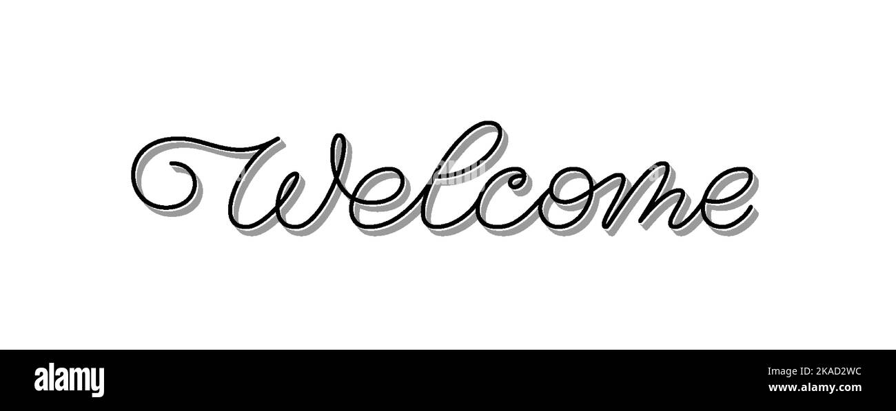 Einladung zur Begrüßung kalligraphischer Satz. Dünne Linie umschlägt Schriftzug housewarming Banner Header, Scrapbook Stempel, Folie diy Gravur, Schild Titel. Card Monoline editierbare Strichbeschriftung Stock Vektor