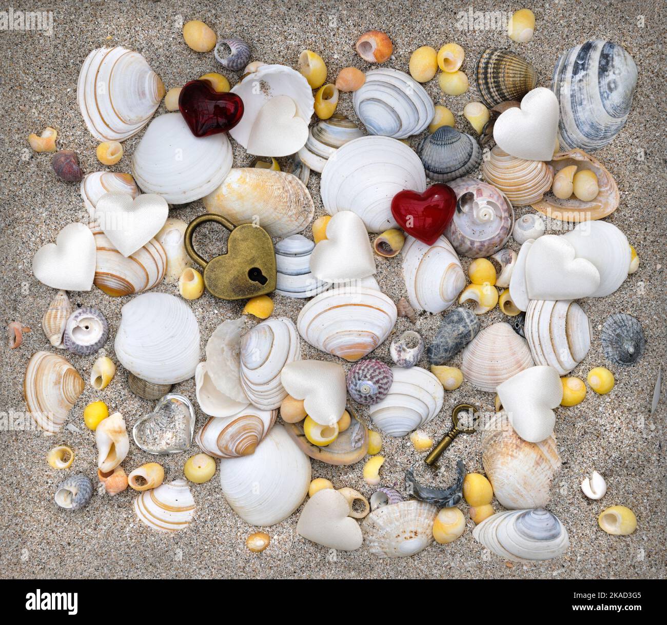Muscheln auf Sand mit Vorhängeschloss und Schlüssel Stockfoto