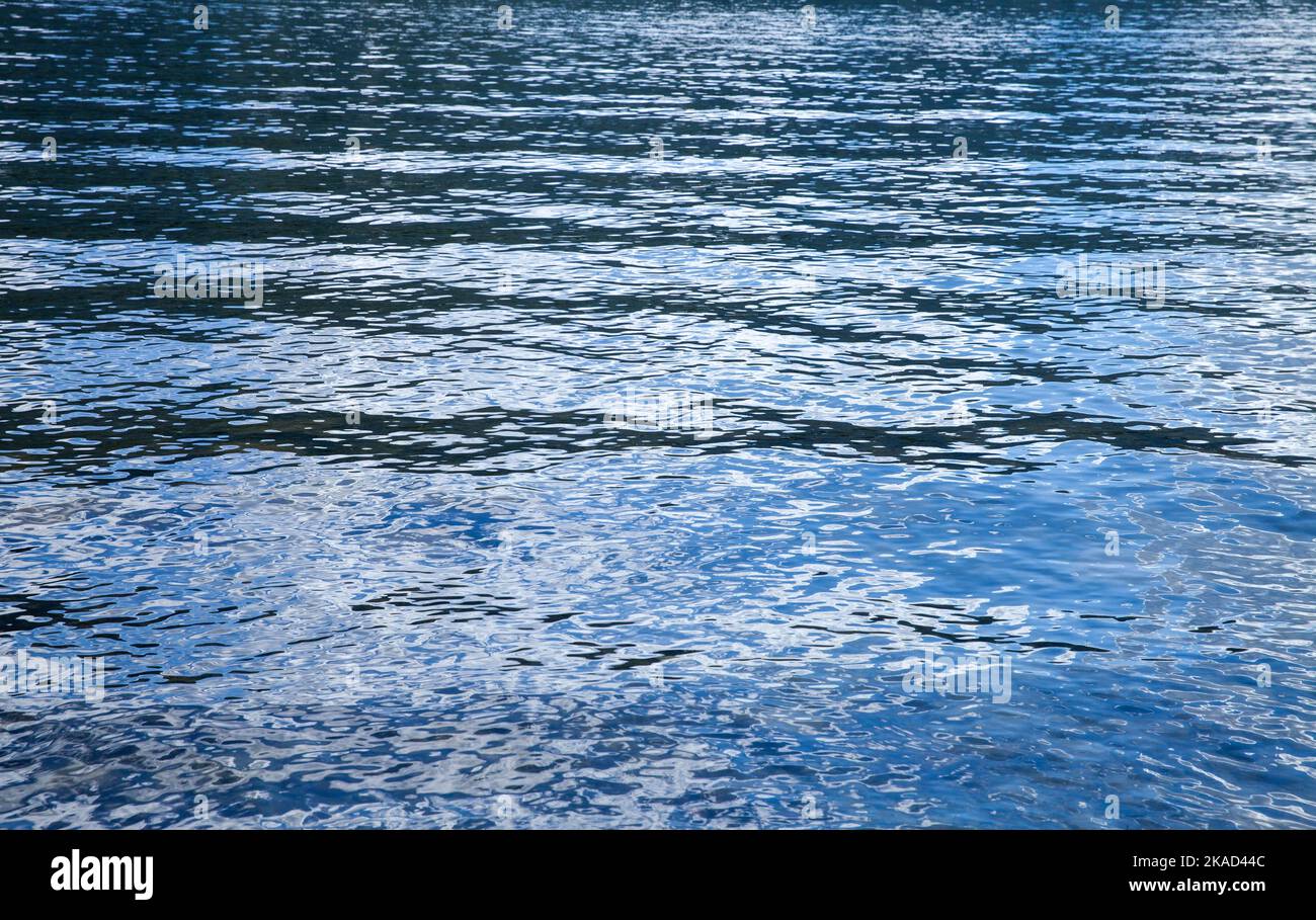 Glänzend blaue See Wasseroberfläche mit Reflexionen des Himmels, abstrakt natürlichen Hintergrund Foto Textur Stockfoto