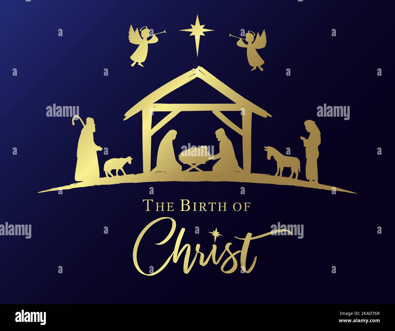 Die Geburt Christi, Weihnachtskrippe goldene Karte. Maria, Joseph, Jesuskind in Krippe und Hirte in Silhouette mit Engeln und Stern Stock Vektor
