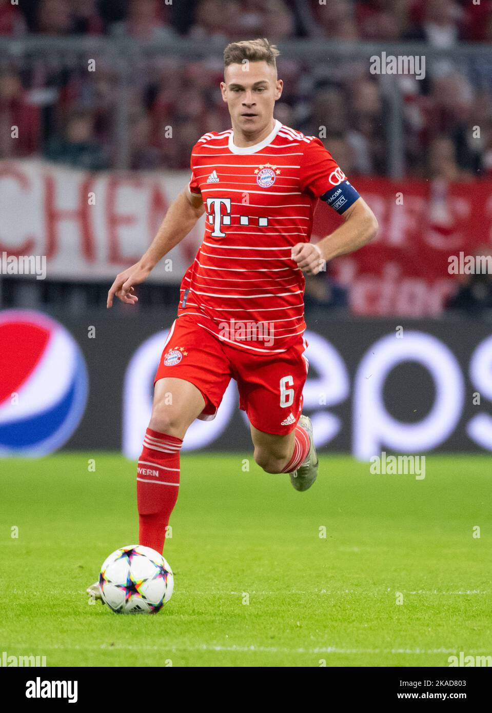 01. November 2022, Bayern, München: Fußball: Champions League, Bayern München - Inter Mailand, Gruppenphase, Gruppe C, Matchday 6 in der Allianz Arena. Joshua Kimmich aus München spielt den Ball. Foto: Sven Hoppe/dpa Stockfoto