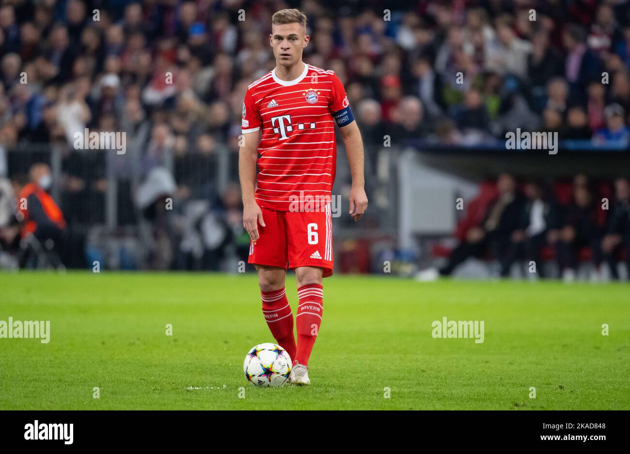 01. November 2022, Bayern, München: Fußball: Champions League, Bayern München - Inter Mailand, Gruppenphase, Gruppe C, Matchday 6 in der Allianz Arena. Joshua Kimmich aus München spielt den Ball. Foto: Sven Hoppe/dpa Stockfoto