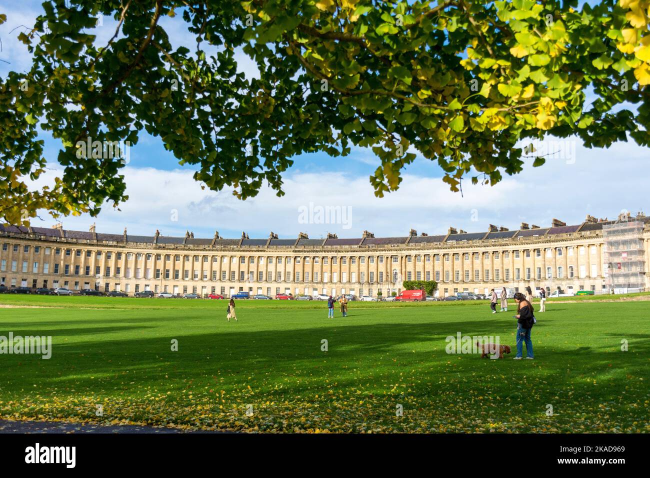 Der Royal Crescent, eines der berühmtesten Wahrzeichen von Bath, wurde zwischen 1767 und 1775 erbaut und von John Wood dem Jüngeren entworfen. Bath, Somerset, Englan Stockfoto