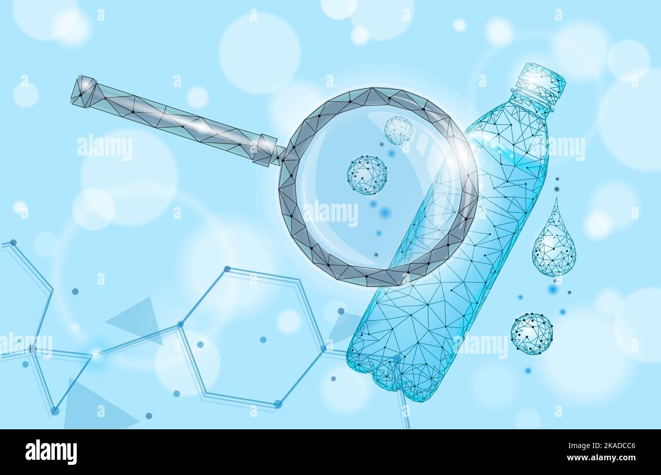 3D Wasserflasche polygonales Banner. Aqua Liquid Paket. Kunststoff transparent Getränk Vollgetränk sauberes natürliches artesisches Trinkwasser. Schwach poly dunkel Stock Vektor