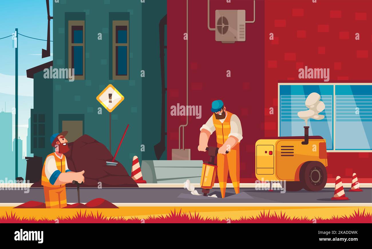 Straße Reparatur Cartoon Hintergrund mit zwei Männern in Uniform arbeiten mit Wartungsgeräten flache Vektor-Illustration Stock Vektor