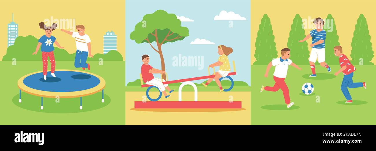 Kinder Spielplatz Design Konzept Set Kinder springen auf Trampolin reiten Schaukeln und spielen Fußball Vektor Illustration Stock Vektor