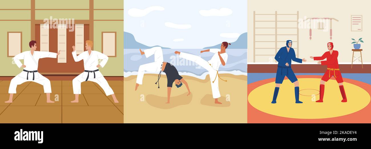 Martial Arts flache Komposition mit Kämpfer Szenen isoliert Vektor Illustration Stock Vektor