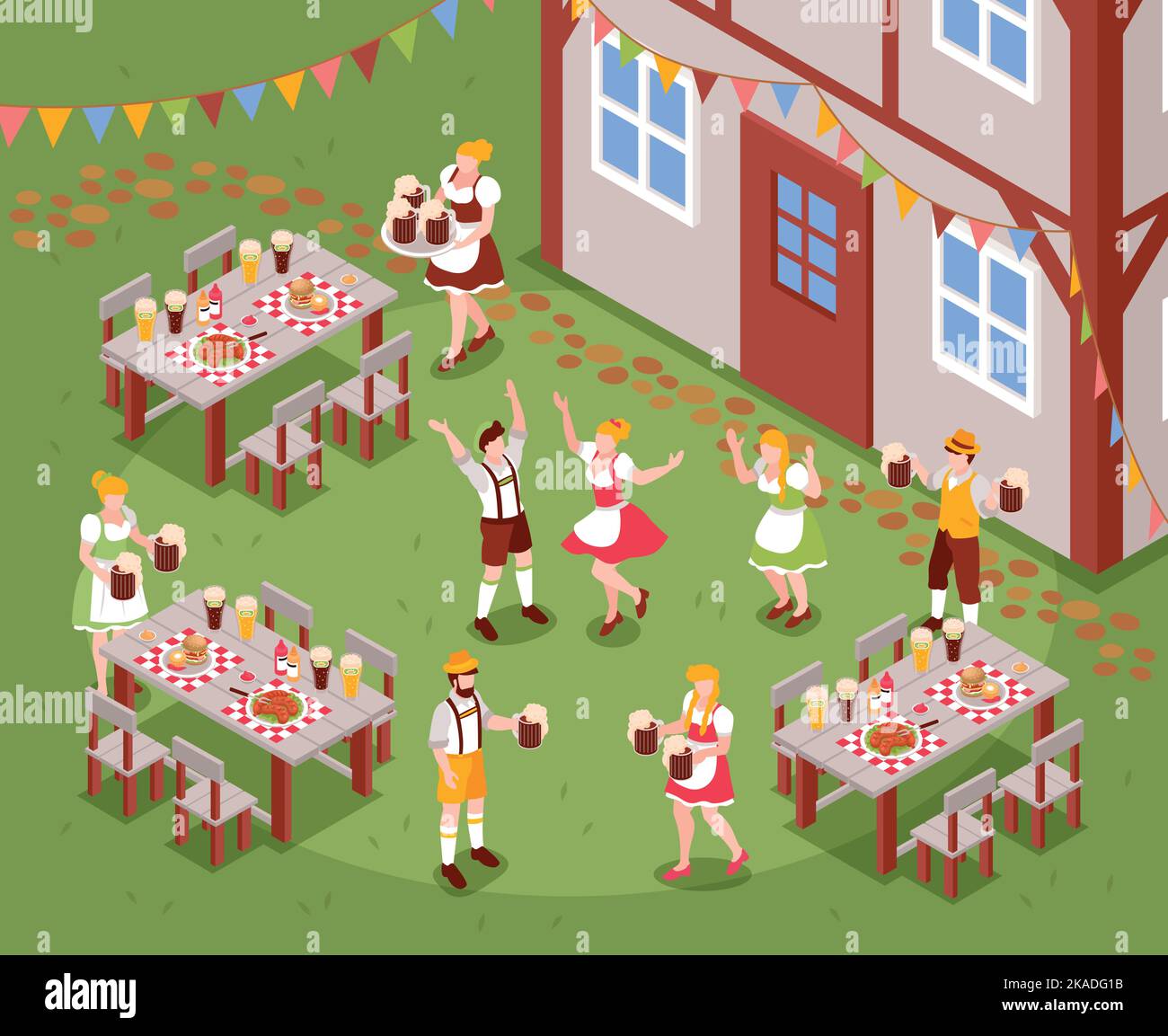 Isometrisches Oktoberfest-Festivalkonzept mit glücklichen Menschen in nationalen deutschen Kostümen Vektor-Illustration Stock Vektor