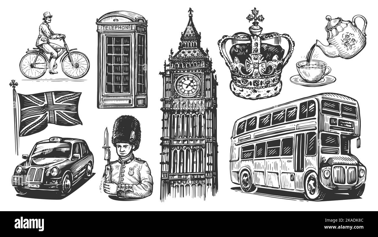 England, London eingestellt. Handgezeichnete Sammlung von Illustrationen im Vintage-Stil mit Skizzen. Konzept des Vereinigten Königreichs Stockfoto